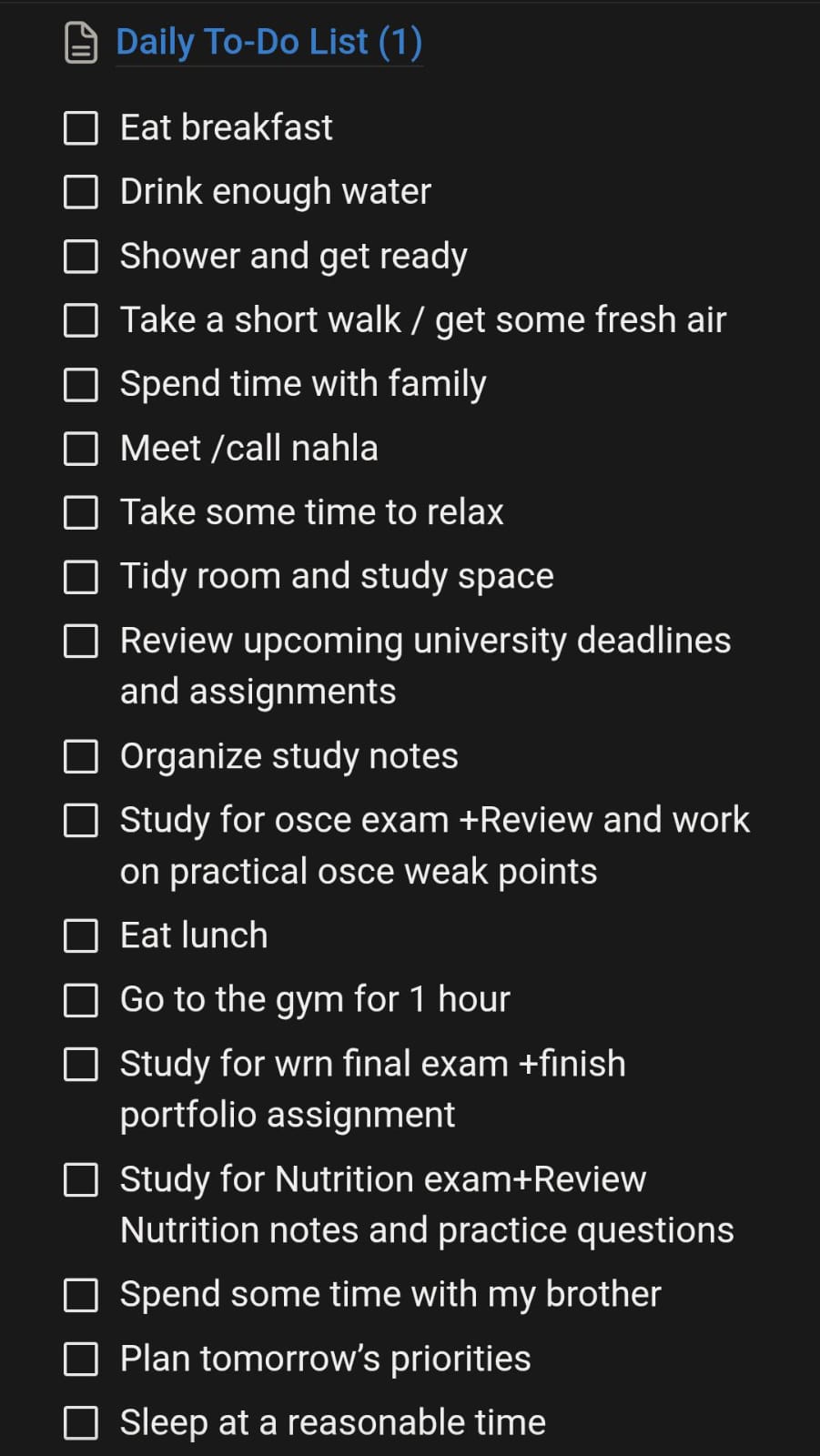 Daily to-do list with study, health and family tasks